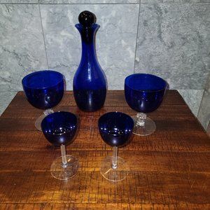 Vintage Cobalt Blue Glass decanter, Black Stopper, 2 pair of different glasses